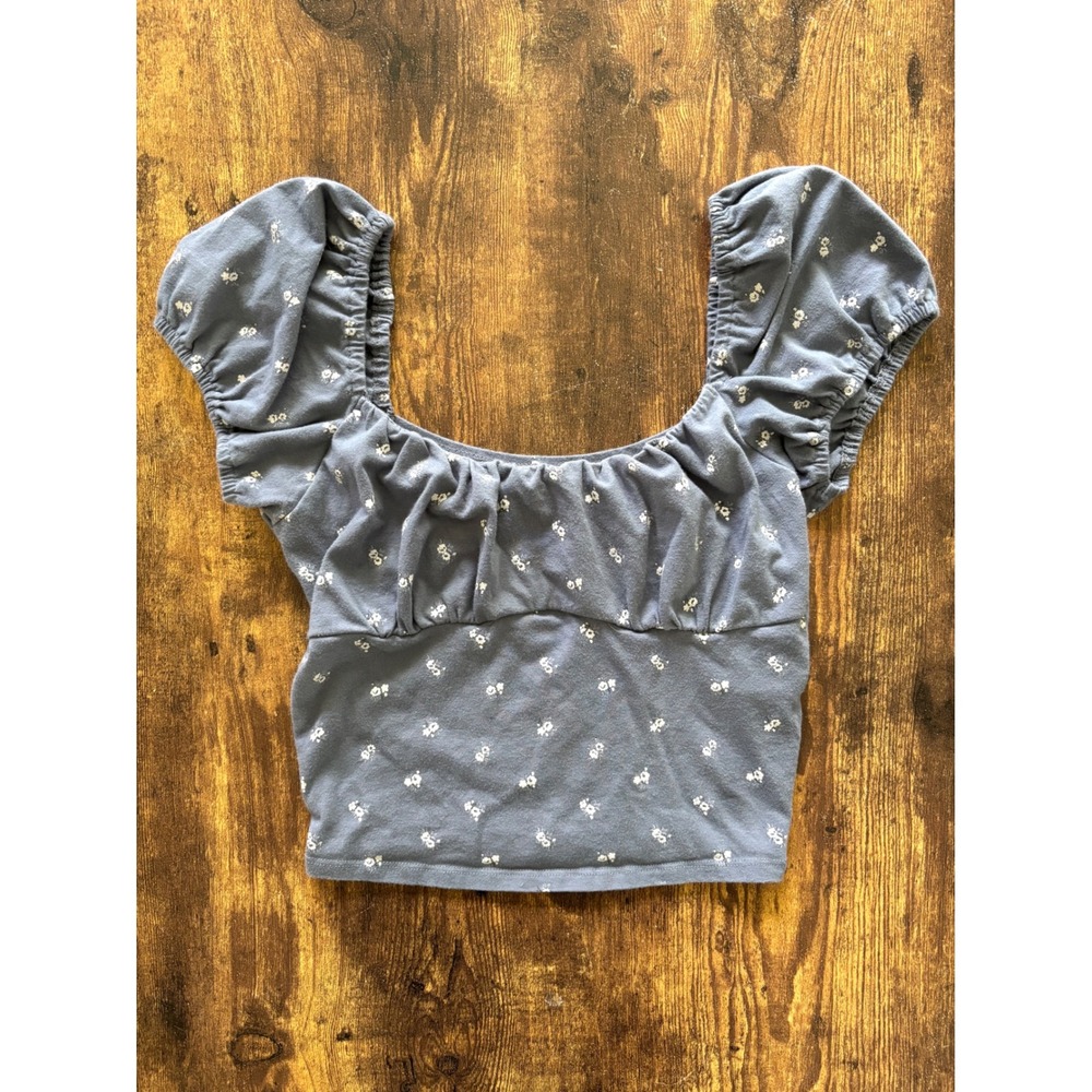 Hollister Blue Floral Ruched Square Neck Crop Top Small Puff Sleeve